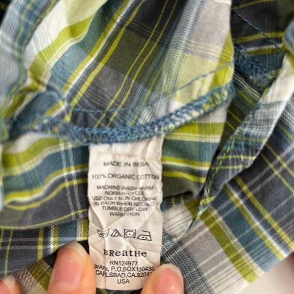 PRANA Green Blue Plaid Short Sleeve Pearl Snap Mens Size Small Organic Cotton - Picture 5 of 10